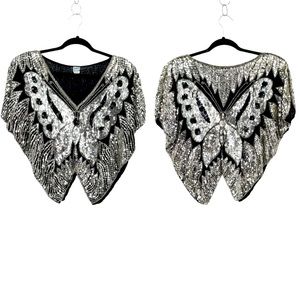 VINTAGE 💯 Silk Sequin Beaded Butterfly Silhouette Pullover/Poncho/Top